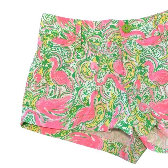 Lilly Pulitzer Walsh Flamingo Print Shorts Size 2 Green & Pink Paisley Cotton Wo - Picture 2 of 8